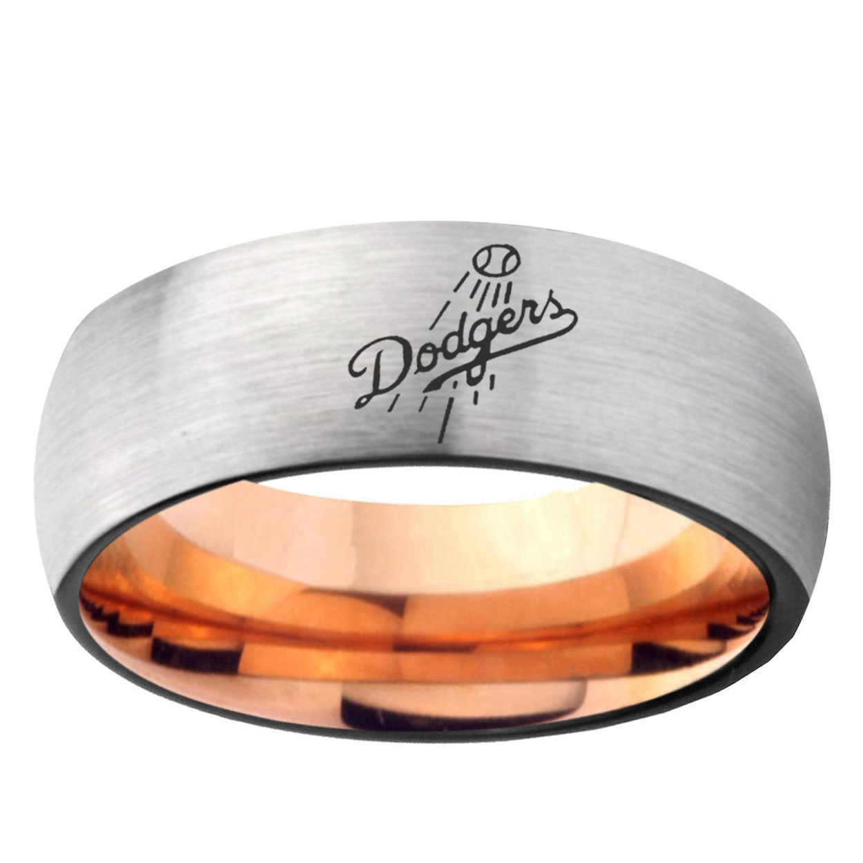 6MM LA Dogers MLB Baseball Dome Gray And Rose Gold Tungsten Carbide Mens Ring Engraved
