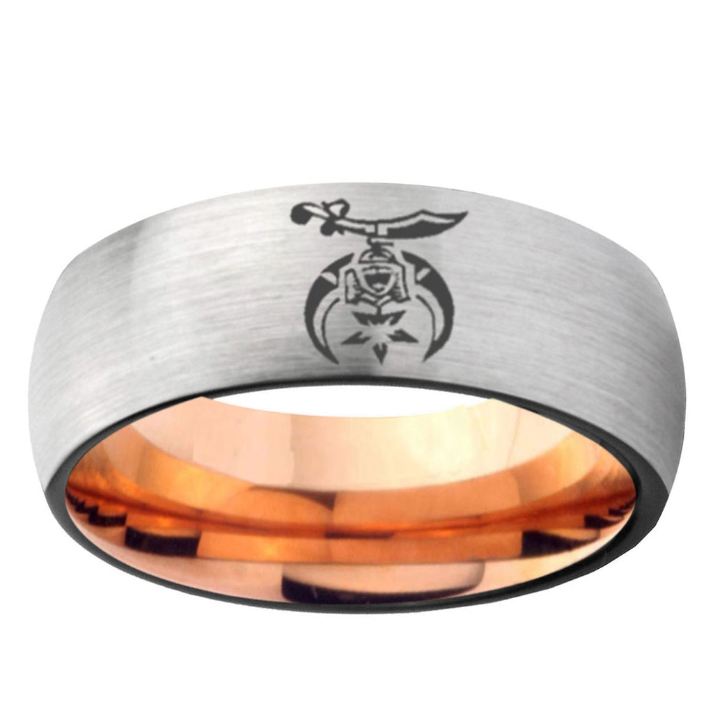 6MM Masonic Shriners Dome Gray And Rose Gold Tungsten Carbide Engraved Ring