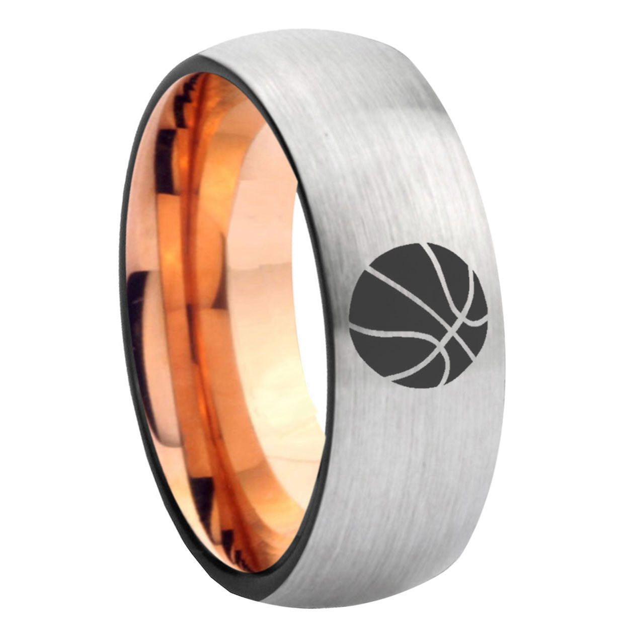 8MM Basketball Dome Rose Gold Gray Tungsten Mens Ring