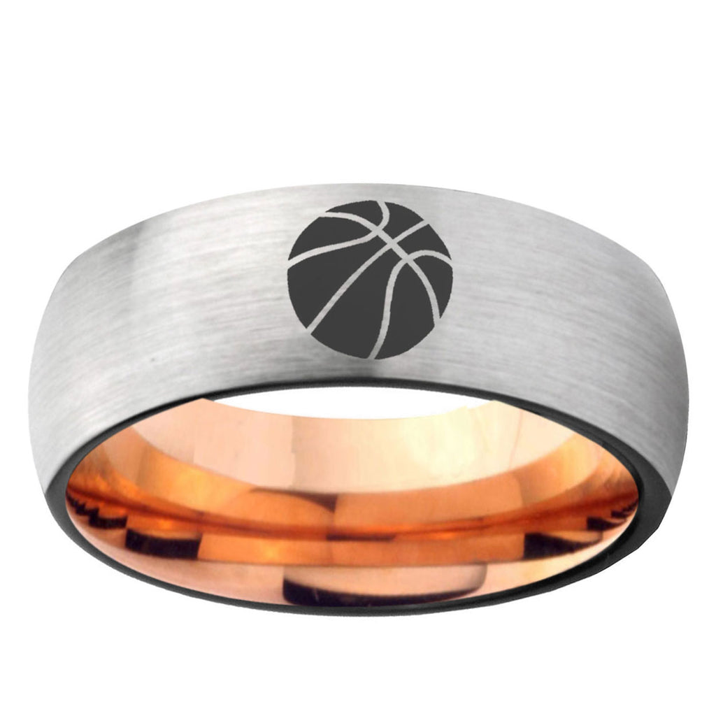 6MM Basketball Dome Gray And Rose Gold Tungsten Carbide Mens Wedding Ring