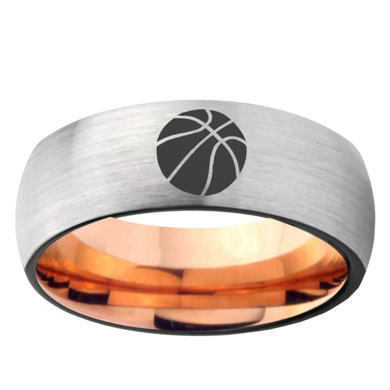 6MM Basketball Dome Gray And Rose Gold Tungsten Carbide Mens Wedding Ring