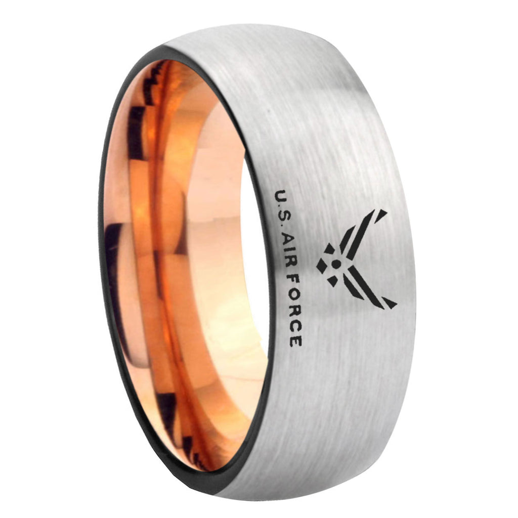 8MM US Air Force Dome Rose Gold Gray Tungsten Ring For Him