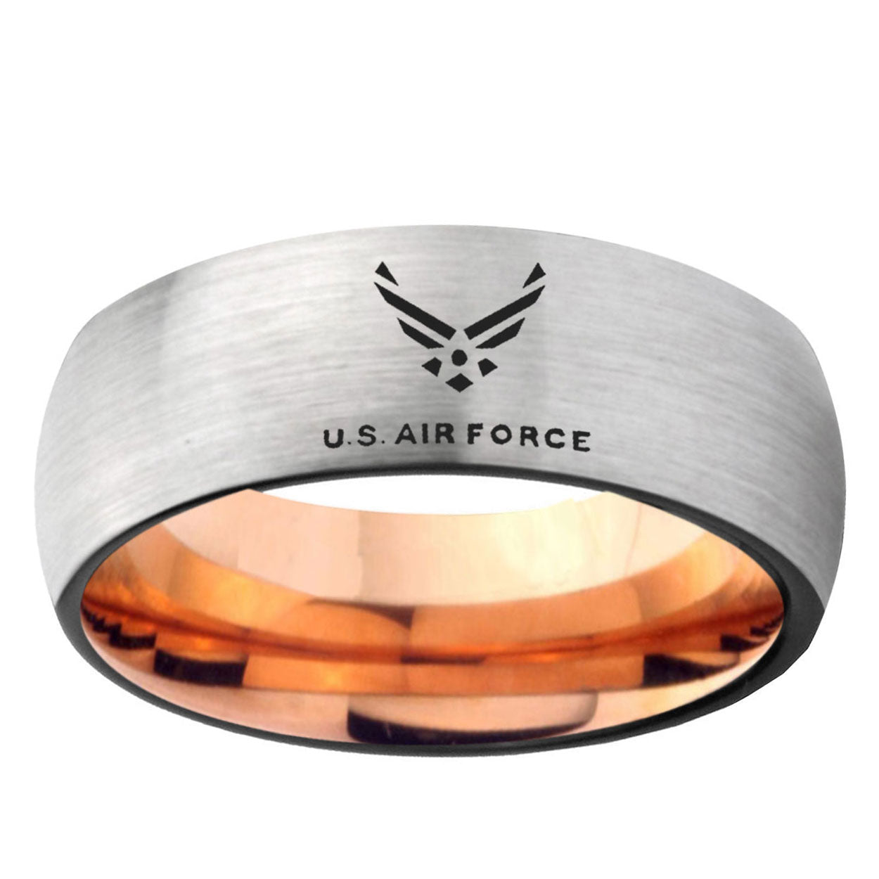 6MM Classic Dome US Air Force Shiny Gray And Rose Gold Tungsten Laser Engraved Ring