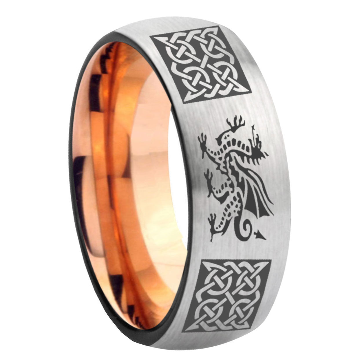 8MM Multiple Dragon Celtic Dome Rose Gold Gray Tungsten Wedding Band