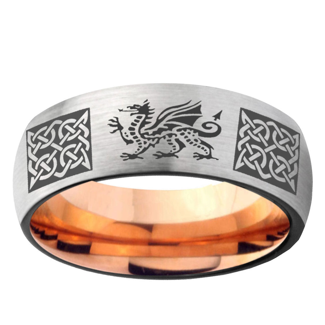 6MM Multiple Dragon Celtic Dome Gray And Rose Gold Tungsten Carbide Wedding Band Ring