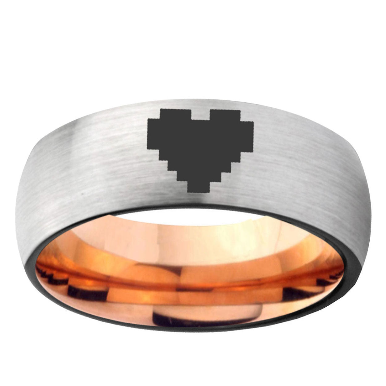 6MM Classic Dome Zelda Heart Shiny Gray And Rose Gold Tungsten Laser Engraved Ring