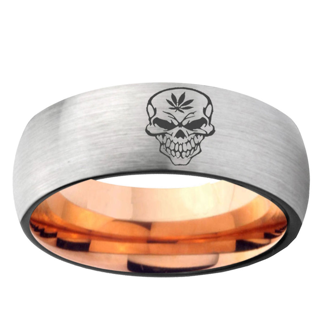 6MM Skull Marijuana Leaf Dome Gray And Rose Gold Tungsten Carbide Men's Promise Rings