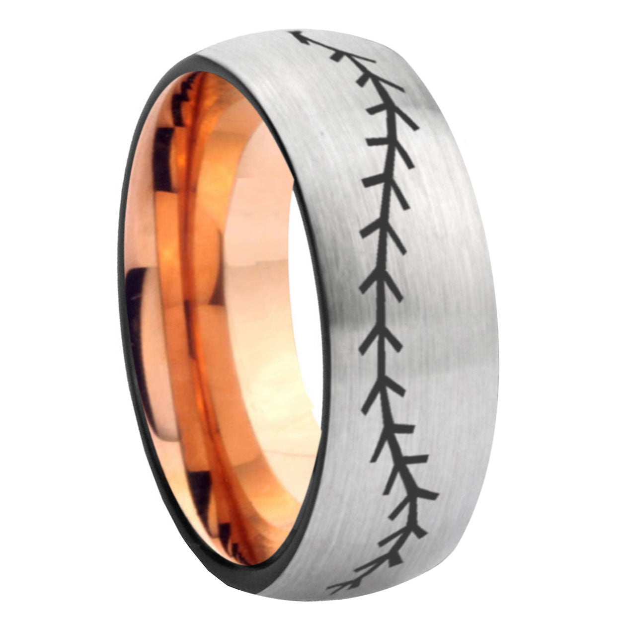 8MM Baseball Stitch Dome Rose Gold Gray Tungsten Personalized Ring