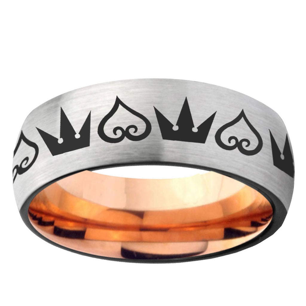 6MM Hearts and Crowns Dome Gray And Rose Gold Tungsten Carbide Mens Ring Personalized