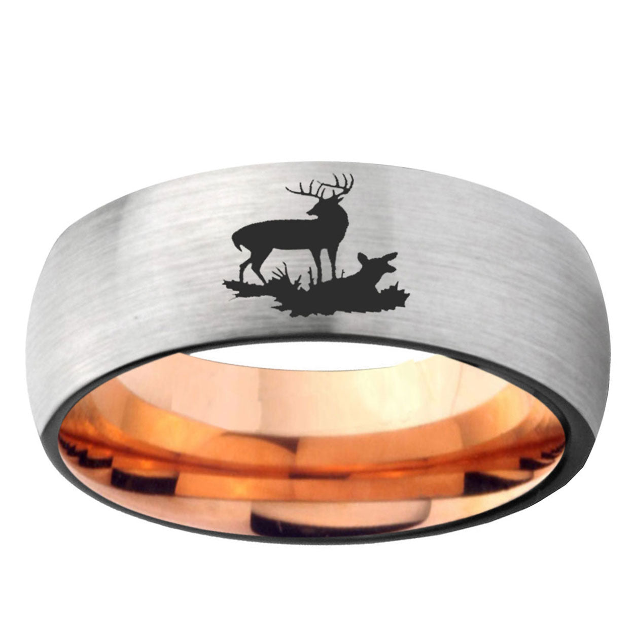 6MM Deer Hunting Dome Gray And Rose Gold Tungsten Carbide Men's Band