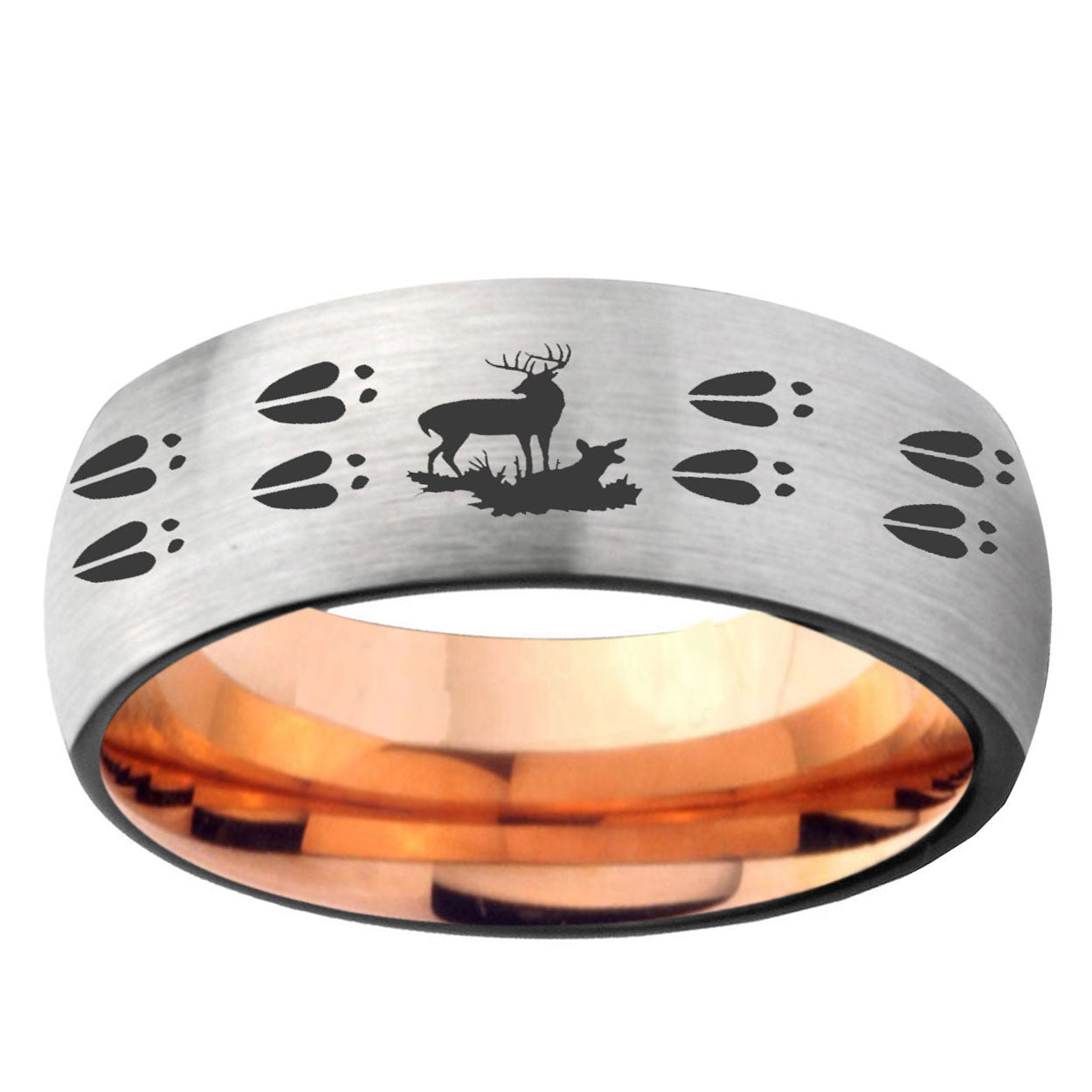 6MM Deer Hunting Tracks Dome Gray And Rose Gold Tungsten Carbide Men's Band