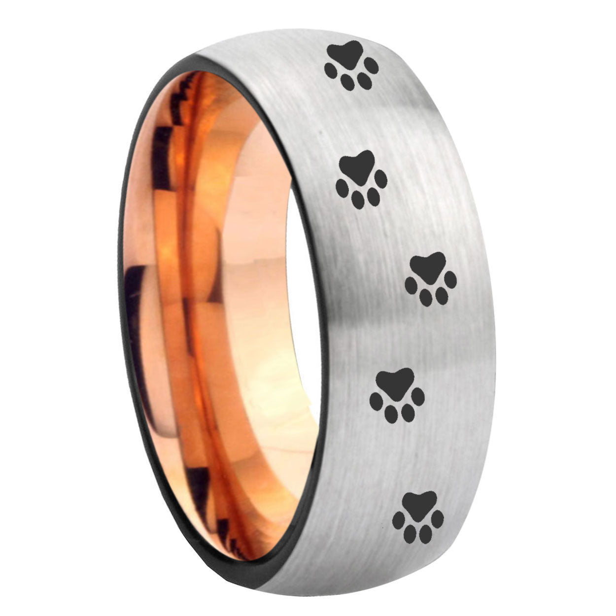8MM Paw Print Dome Rose Gold Gray Tungsten Wedding Band For Men