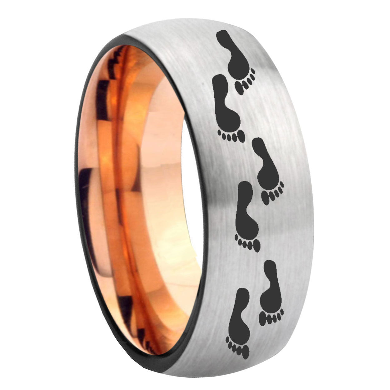 8MM Foot Print Dome Rose Gold Gray Tungsten Promise Ring For Him