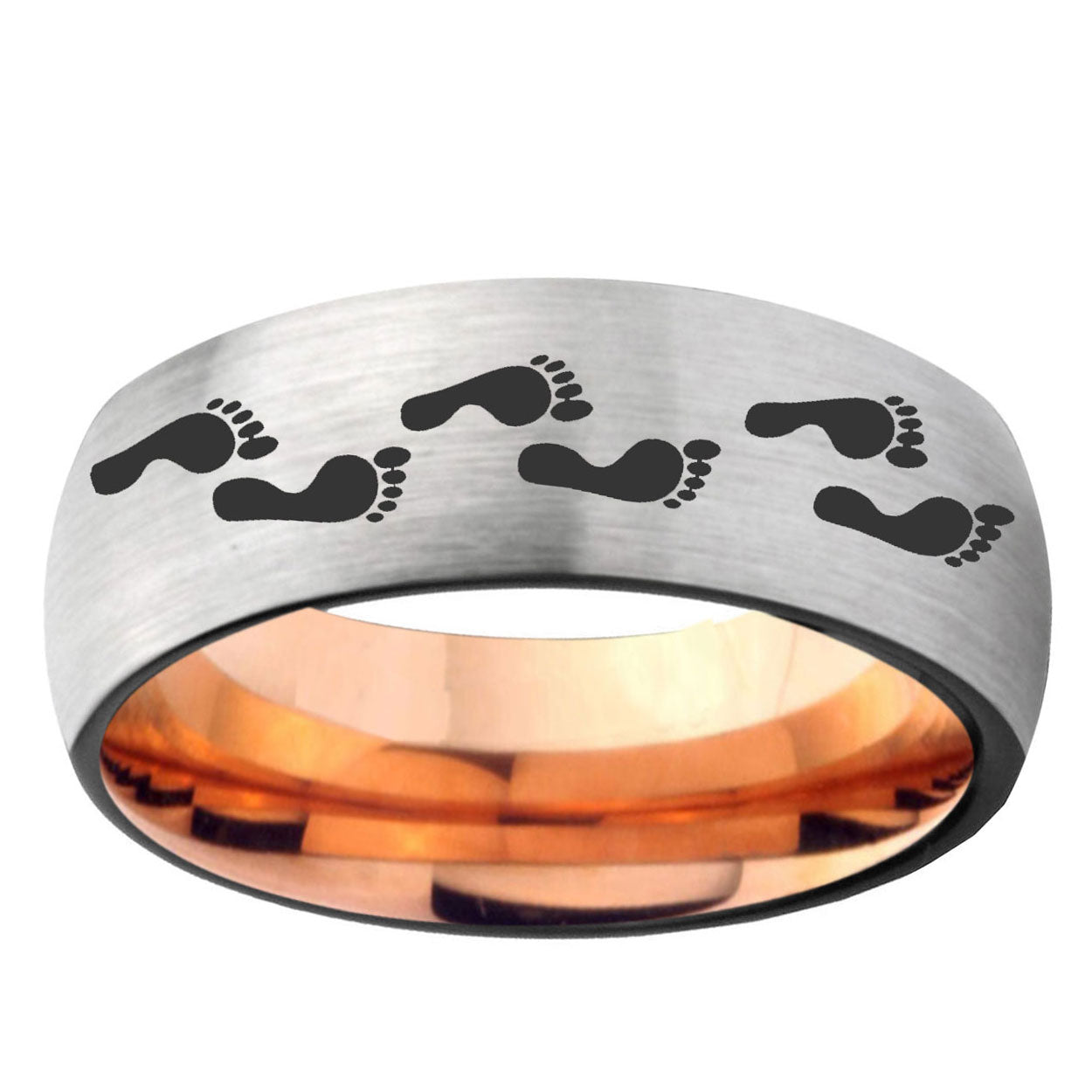 6MM Foot Print Dome Gray And Rose Gold Tungsten Carbide Engraved Ring