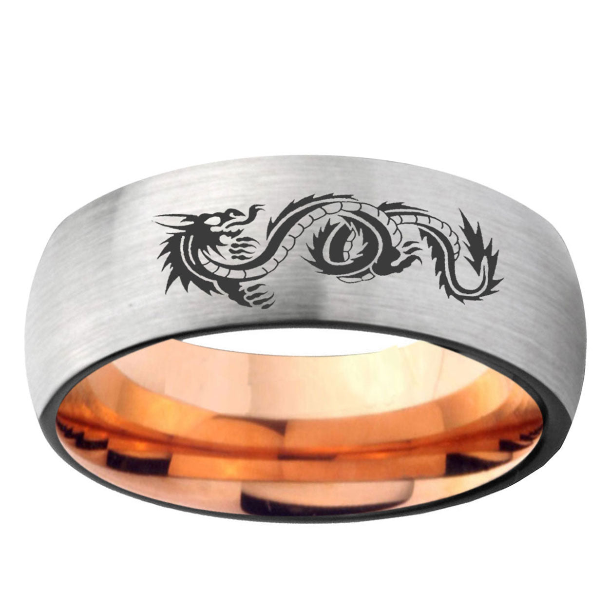 6MM Dragon Dome Gray And Rose Gold Tungsten Carbide Engraved Ring