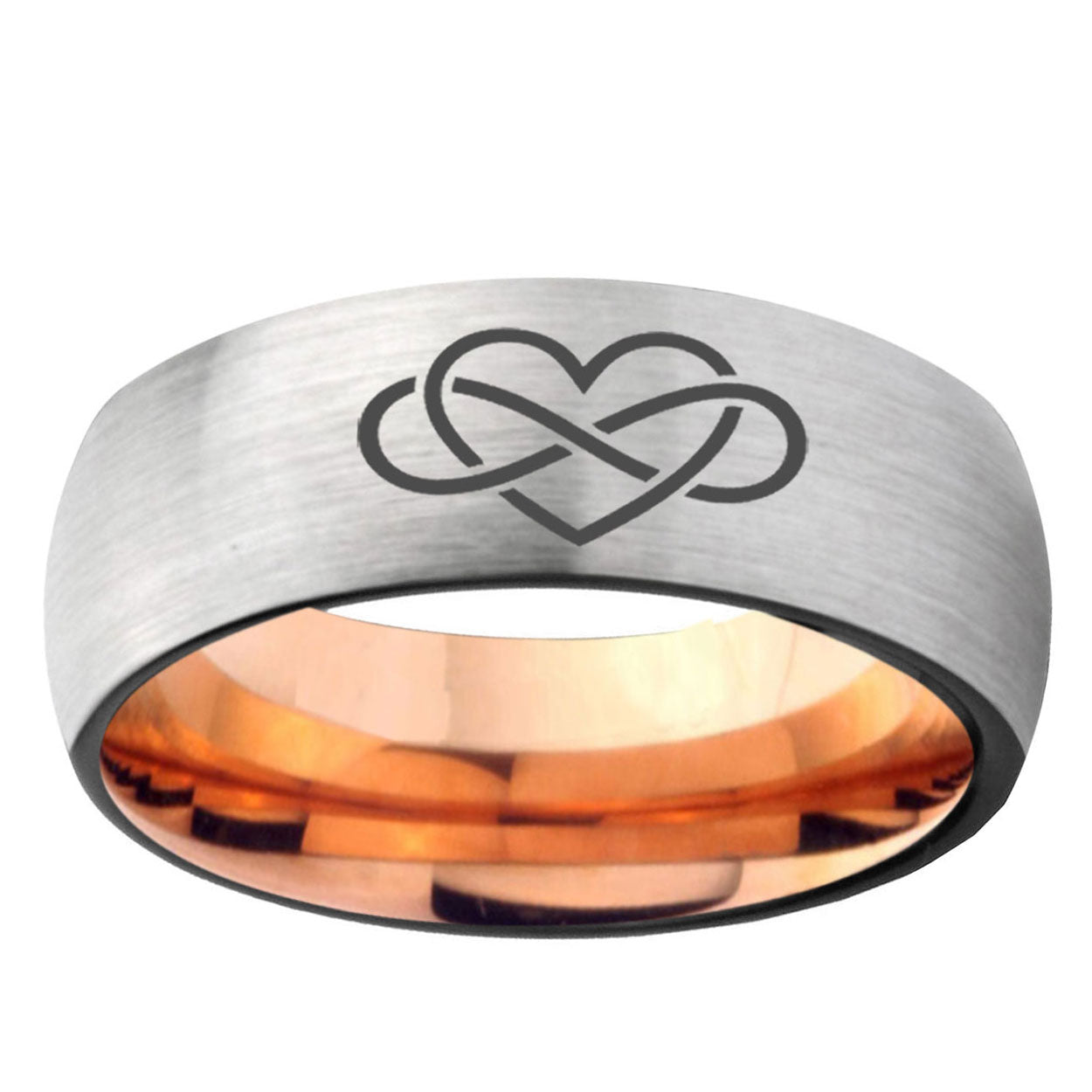 6, 8mm Infinity Love Dome Tungsten Carbide Rose Gold Anniversary Ring