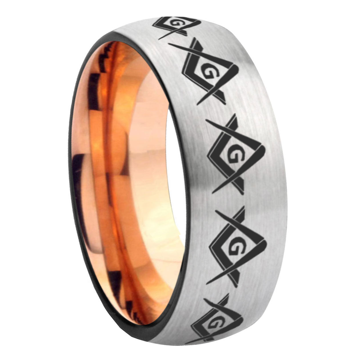 8MM Masonic Square and Compass Dome Rose Gold Gray Tungsten Band