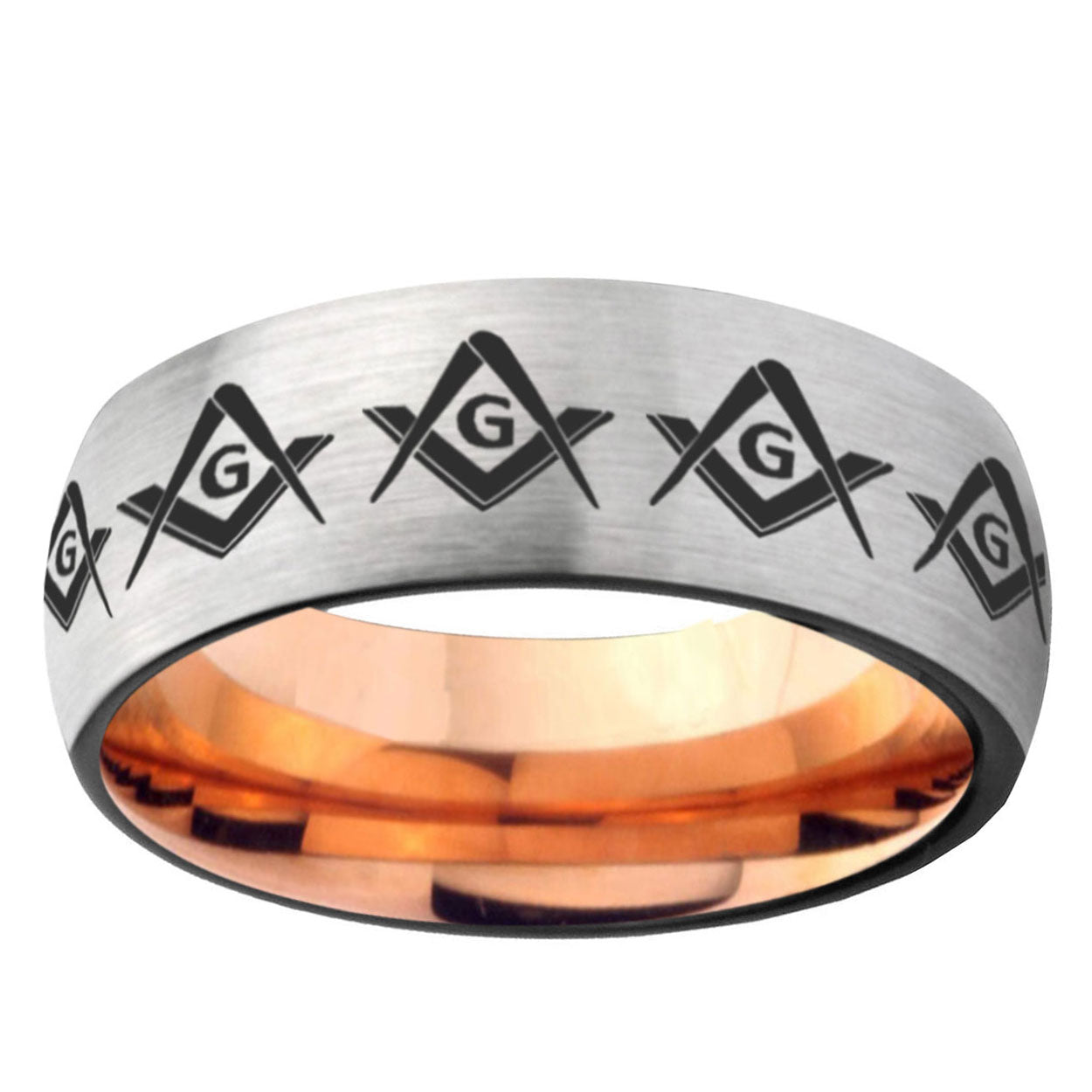 6MM Masonic Square and Compass Dome Gray And Rose Gold Tungsten Carbide Engagement Ring