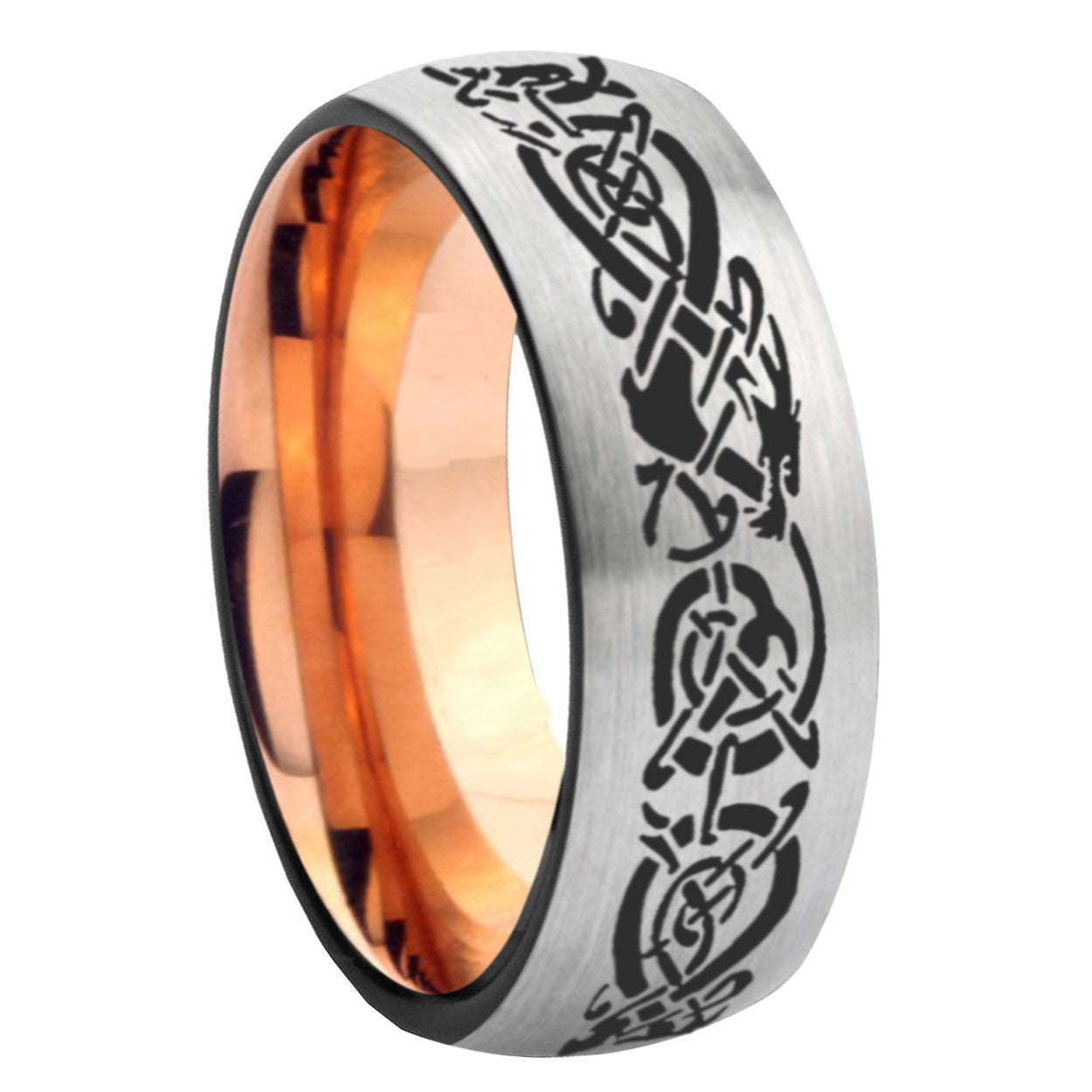 8MM Celtic Knot Dragon Dome Rose Gold Gray Tungsten Wedding Band