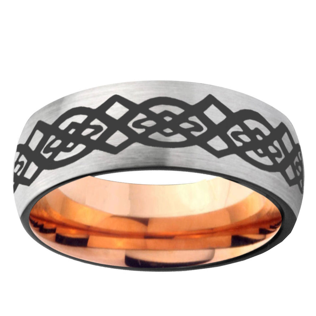6MM Celtic Knot Dome Gray And Rose Gold Tungsten Carbide Engraved Ring