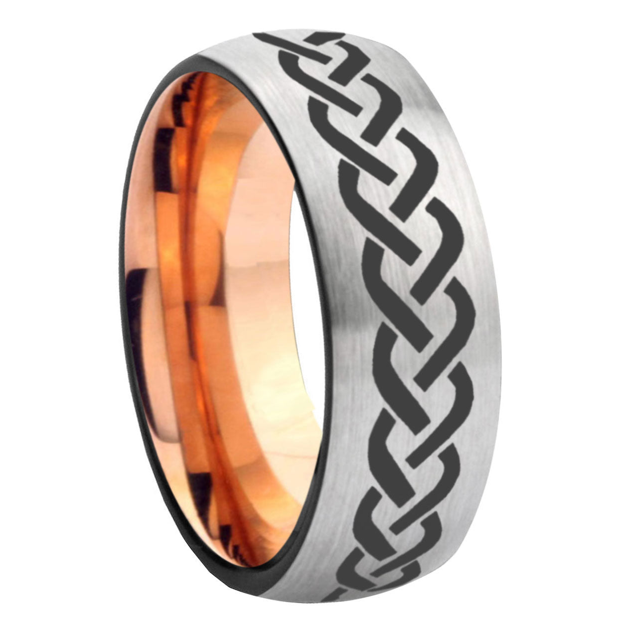 8MM Laser Celtic Knot Dome Rose Gold Gray Tungsten Mens Ring