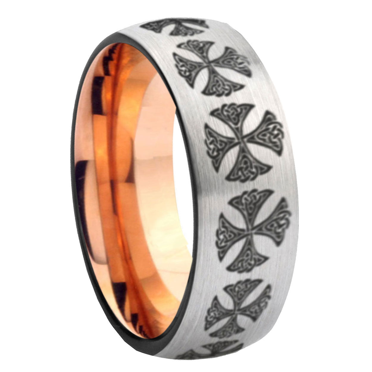 8MM Medieval Cross Dome Rose Gold Gray Tungsten Wedding Band For Men