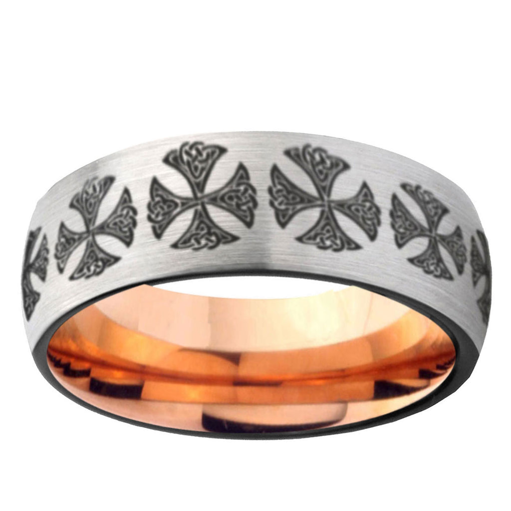 6MM Medieval Cross Dome Gray And Rose Gold Tungsten Carbide Engagement Ring