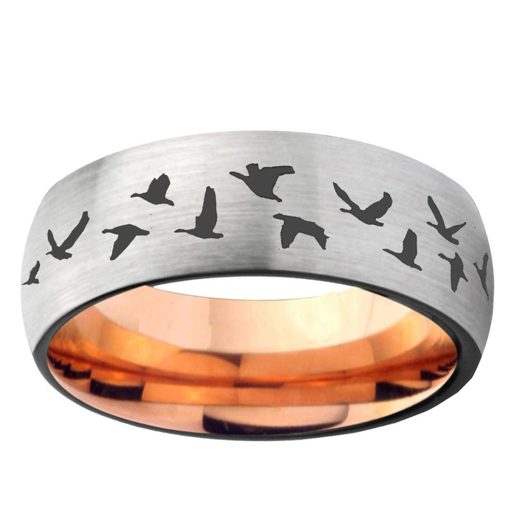 6MM Flying Geese Hunting Dome Gray And Rose Gold Tungsten Carbide Men's Ring