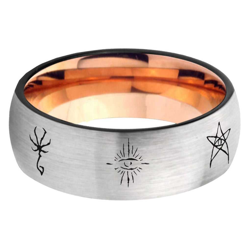 6, 8mm Blackborne Caryll Runes Dome Rose Gold Silver Carbon Fiber Wedding Band