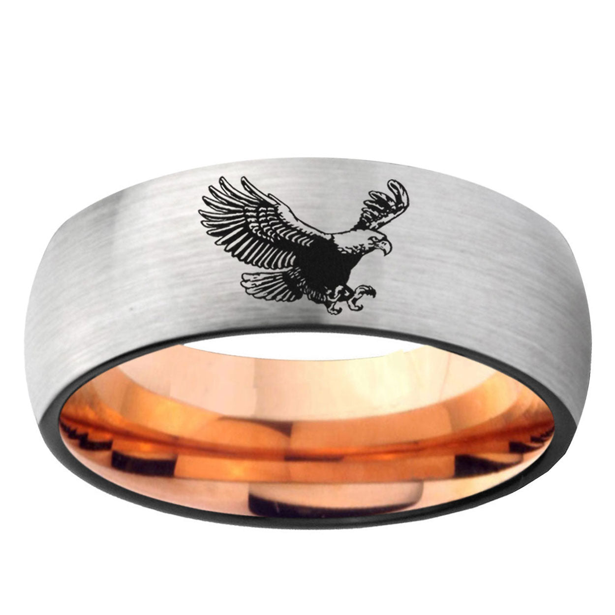 6, 8mm Flying American Eagle Dome Rose Gold Silver Carbon Fiber Wedding Band
