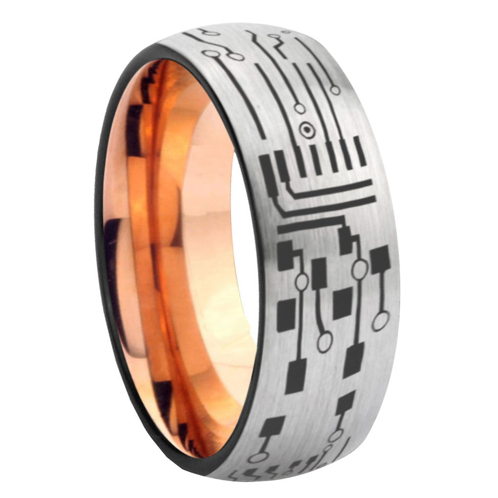 8MM Circuit Board Dome Rose Gold Gray Tungsten Wedding Band