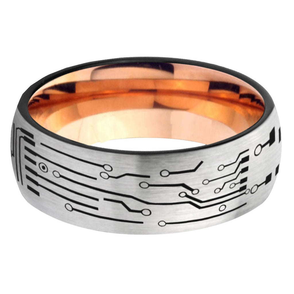 6, 8mm Circuit Board Dome Rose Gold Silver Carbon Fiber Wedding Band
