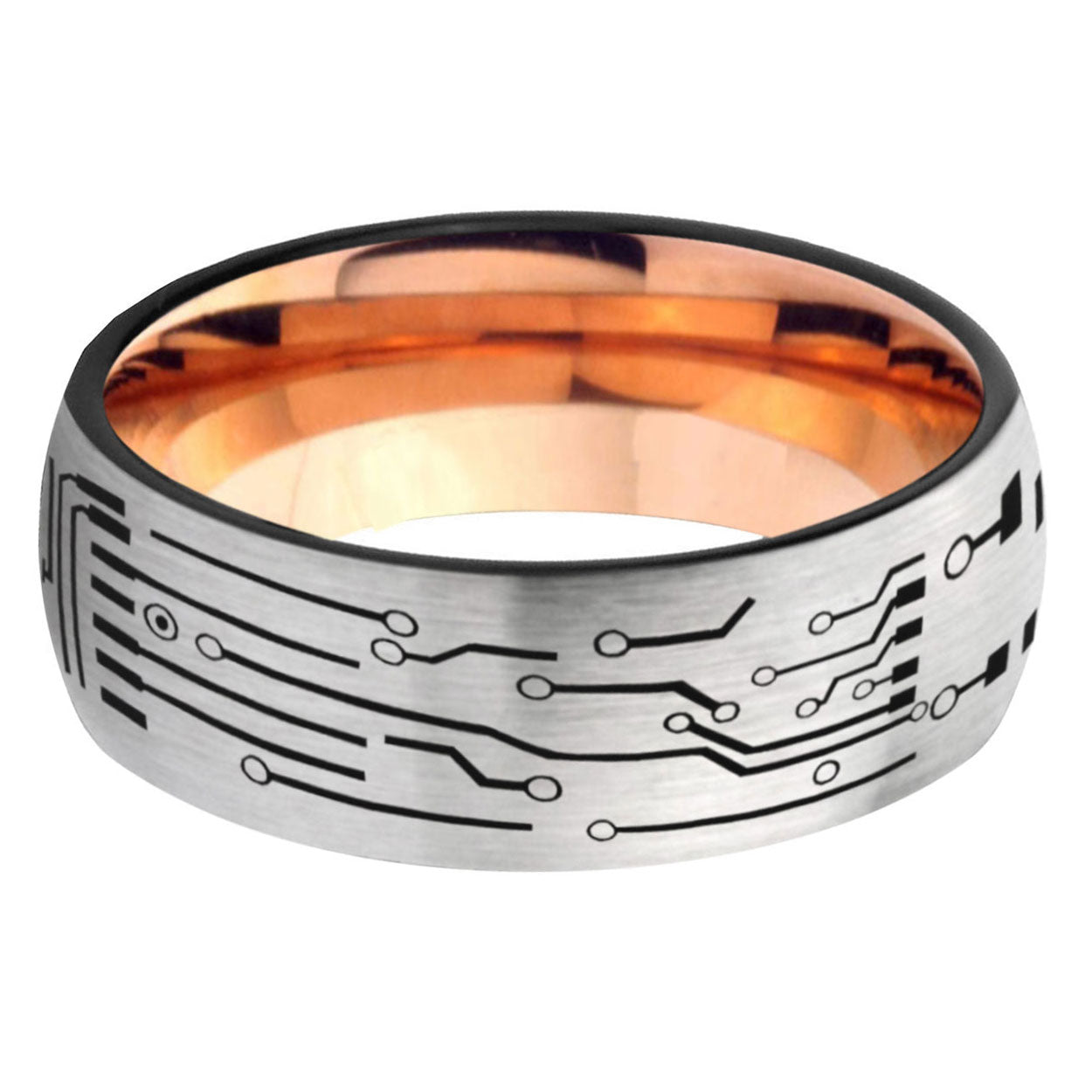 6, 8mm Circuit Board Dome Rose Gold Silver Carbon Fiber Wedding Band