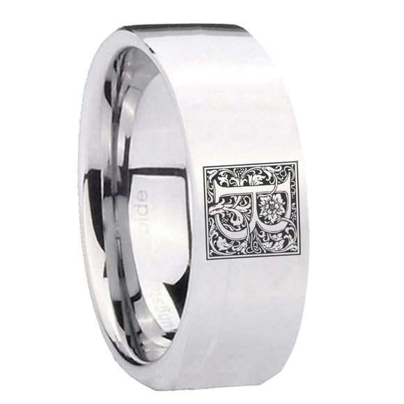 8mm-Pipe-Cut-Polished-Silver-Tungsten-Floral-Initial-Letter-B,-Monogram-Wedding-Bands