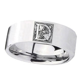 8mm-Pipe-Cut-Polished-Silver-Tungsten-Floral-Initial-Letter-D,-Monogram-Wedding-Bands