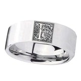 8mm-Pipe-Cut-Polished-Silver-Tungsten-Floral-Initial-Letter-F,-Monogram-Wedding-Bands