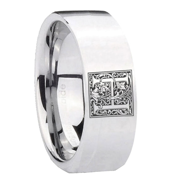 8mm-Pipe-Cut-Polished-Silver-Tungsten-Floral-Initial-Letter-H,-Monogram-Wedding-Bands