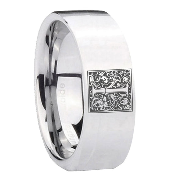 8mm-Pipe-Cut-Polished-Silver-Tungsten-Floral-Initial-Letter-I,-Monogram-Wedding-Bands