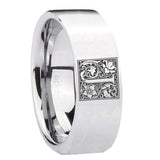 8mm-Pipe-Cut-Polished-Silver-Tungsten-Floral-Initial-Letter-J,-Monogram-Wedding-Bands