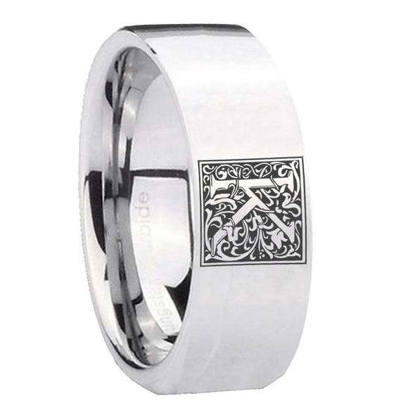 8mm-Pipe-Cut-Polished-Silver-Tungsten-Floral-Initial-Letter-K,-Monogram-Wedding-Bands