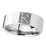 8mm-Pipe-Cut-Polished-Silver-Tungsten-Floral-Initial-Letter-K,-Monogram-Wedding-Bands