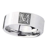 8mm-Pipe-Cut-Polished-Silver-Tungsten-Floral-Initial-Letter-M,-Monogram-Wedding-Bands