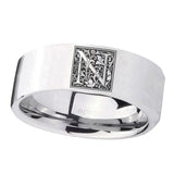 8mm-Pipe-Cut-Polished-Silver-Tungsten-Floral-Initial-Letter-N,-Monogram-Wedding-Bands