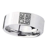 8mm-Pipe-Cut-Polished-Silver-Tungsten-Floral-Initial-Letter-T,-Monogram-Wedding-Bands