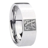 8mm-Pipe-Cut-Polished-Silver-Tungsten-Floral-Initial-Letter-V,-Monogram-Wedding-Bands