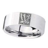 8mm-Pipe-Cut-Polished-Silver-Tungsten-Floral-Initial-Letter-W,-Monogram-Wedding-Bands