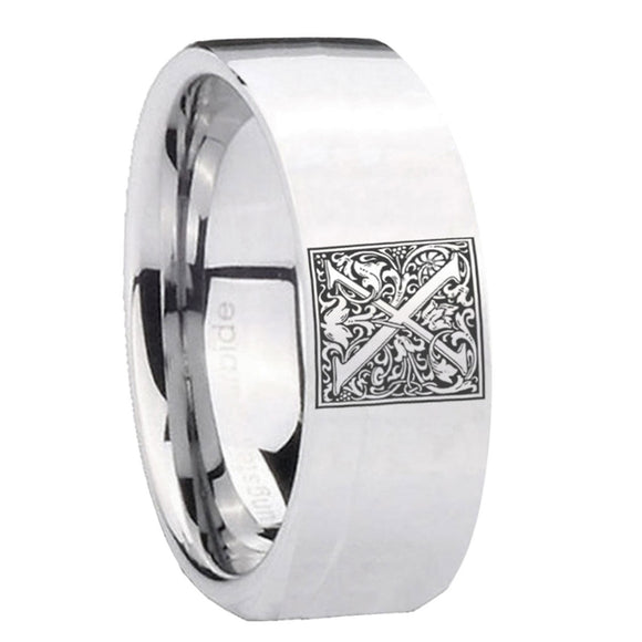 8mm-Pipe-Cut-Polished-Silver-Tungsten-Floral-Initial-Letter-X,-Monogram-Wedding-Bands