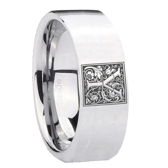 8mm-Pipe-Cut-Polished-Silver-Tungsten-Floral-Initial-Letter-Y,-Monogram-Wedding-Bands