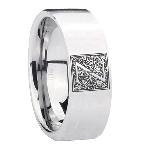 8mm-Pipe-Cut-Polished-Silver-Tungsten-Floral-Initial-Letter-Z,-Monogram-Wedding-Bands