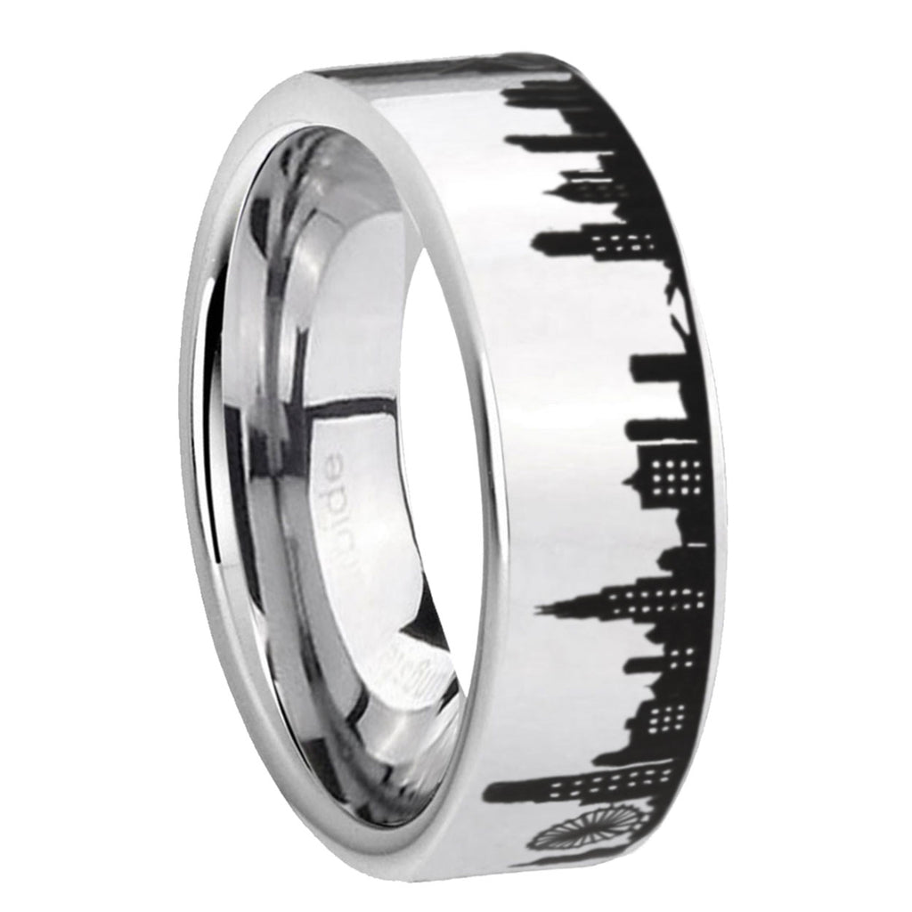 8MM Chicago City Pipe Cut High Polish Silver Tungsten Ring